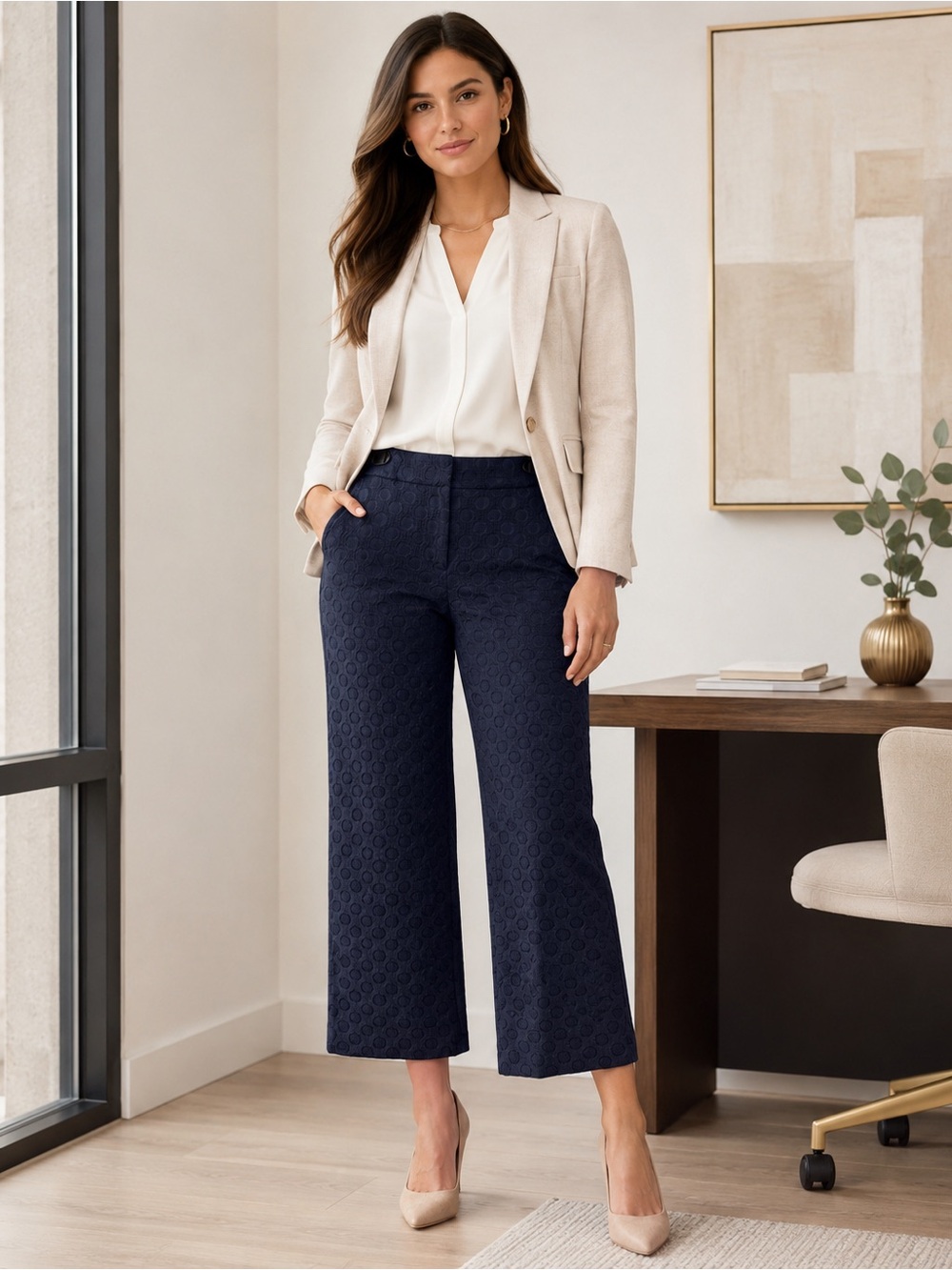 Ann Taylor Navy Jacquard Crop Wide Leg Pants Size 2 Fall Workwear Trouser